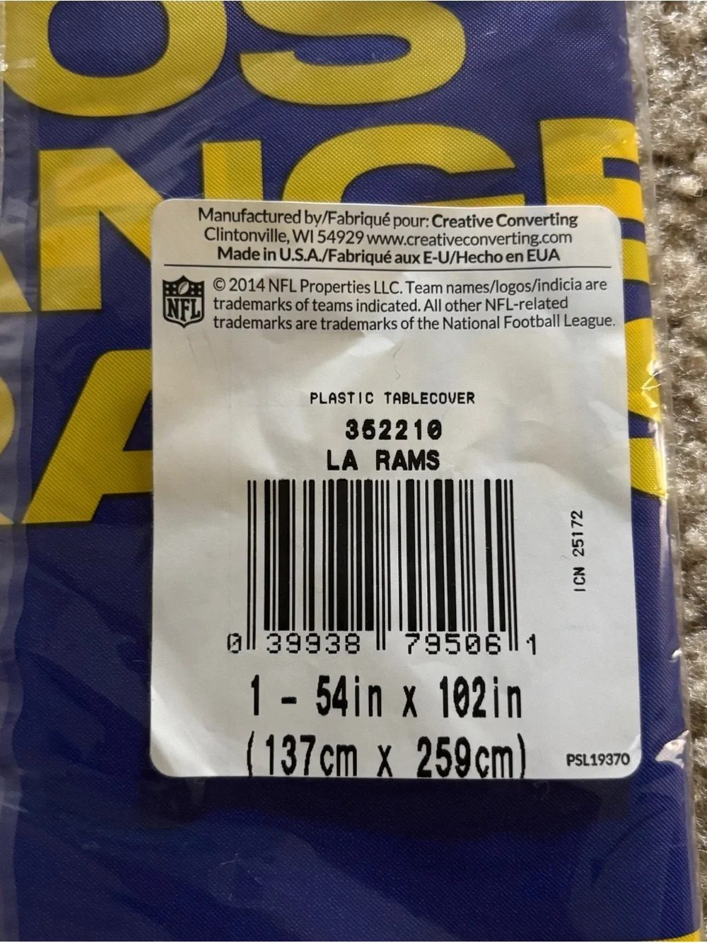 NFL Los Angeles Rams Plastic Table Cover 54x102 New